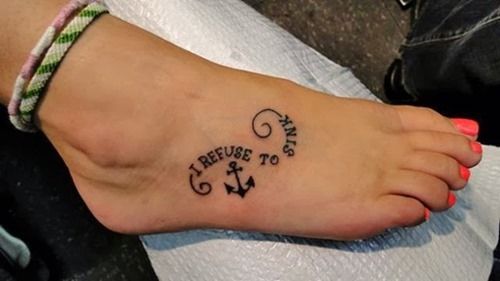 I Refuse To Sink - Black Anchor Tattoo On Girl Right Foot