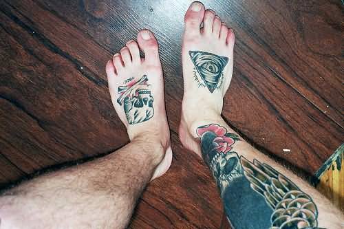 Illuminati Eye With Danger Skull Tattoo On Feet