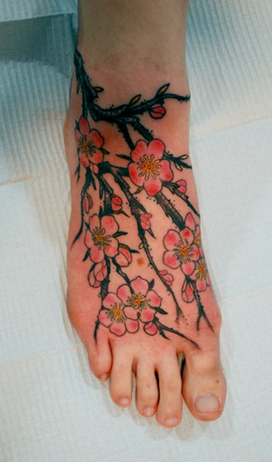 Impressive Cherry Blossom Flowers Tattoo On Right Foot