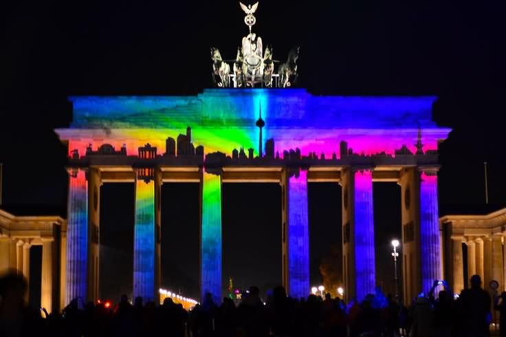 Incredible Colorful Lights On The Brandenburg Gate During Berlin Festivals Of Lights