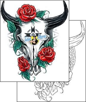 Indian Bull Skull With Roses Tattoo Design