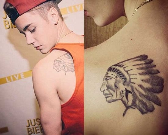 Indian Chief Female Tattoo On Justin Bieber Left Back Shoulder