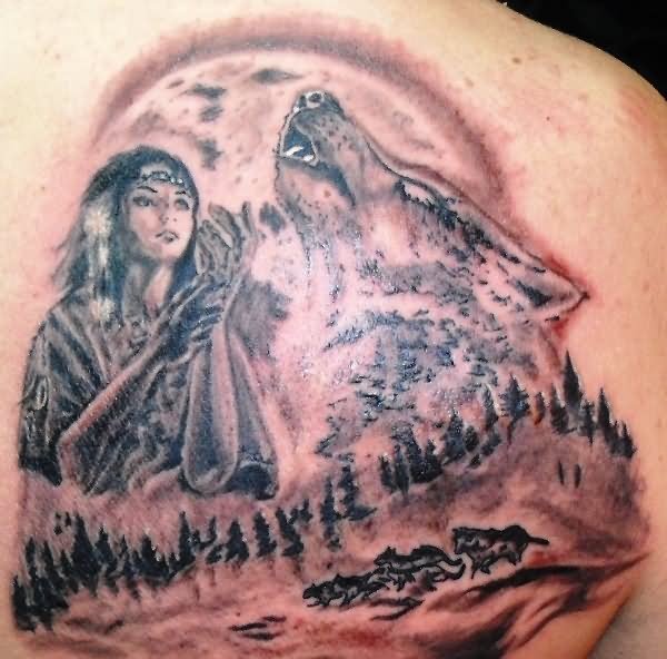 Indian Chief Female With Wolf Tattoo On Right Back Shoulder