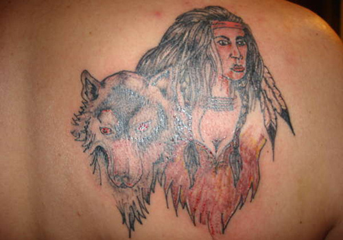 Indian Chief Girl With Wolf Tattoo On Right Back Shoulder