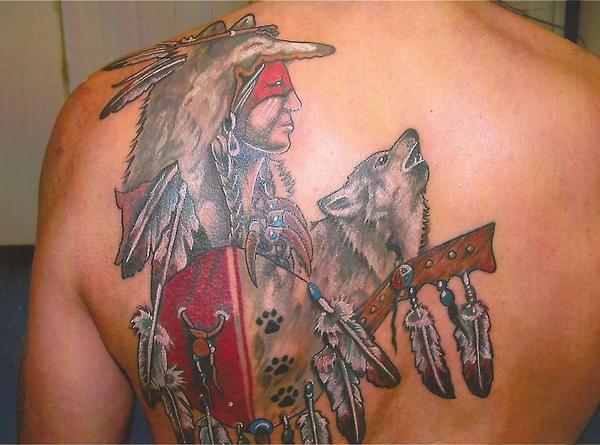Indian Chief With Wolf Tattoo On Left Back Shoulder
