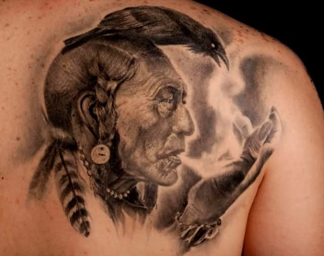 Indian Native With Crow Tattoo On Right Back Shoulder