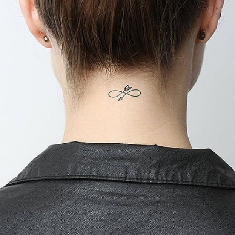 Infinity Arrow Tattoo On Girl Back Neck