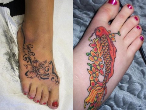 Koi Fish With Flowers Tattoo On Girl Right Foot