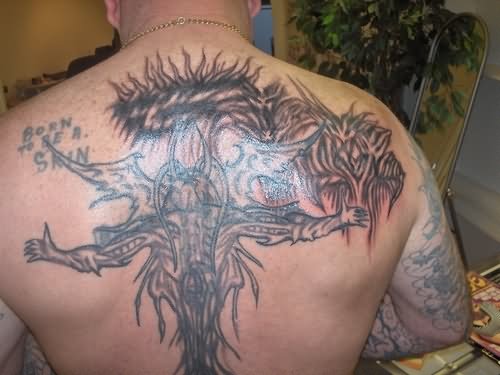 Latest Gothic Dragon Tattoo On Man Upper Back