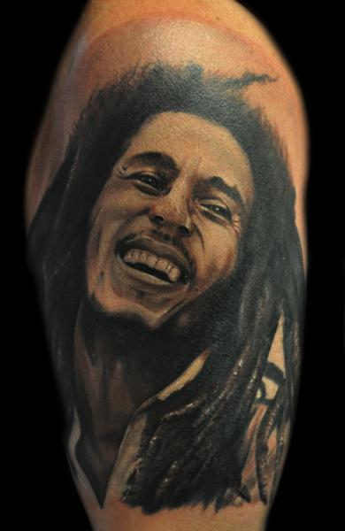Laughing Bob Marley Tattoo On Half Sleeve
