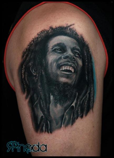 Laughing Bob Marley Tattoo On Right Shoulder