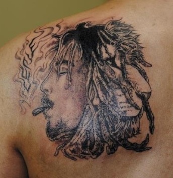 Left Back Shoulder Bob Marley And Lion Tattoo