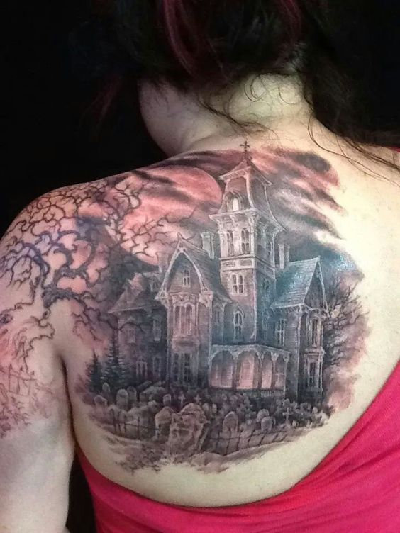 Left Back Shoulder Grey Ink Haunted House Tattoo