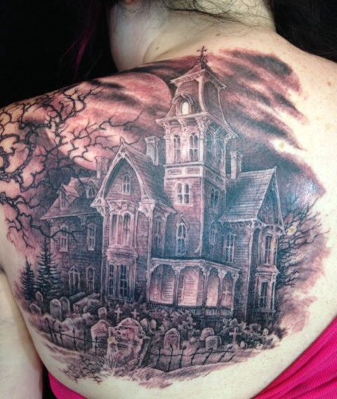 Left Back Shoulder Haunted House Tattoo