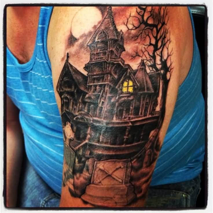 Left Bicep Haunted House Tattoo On Half Sleeve