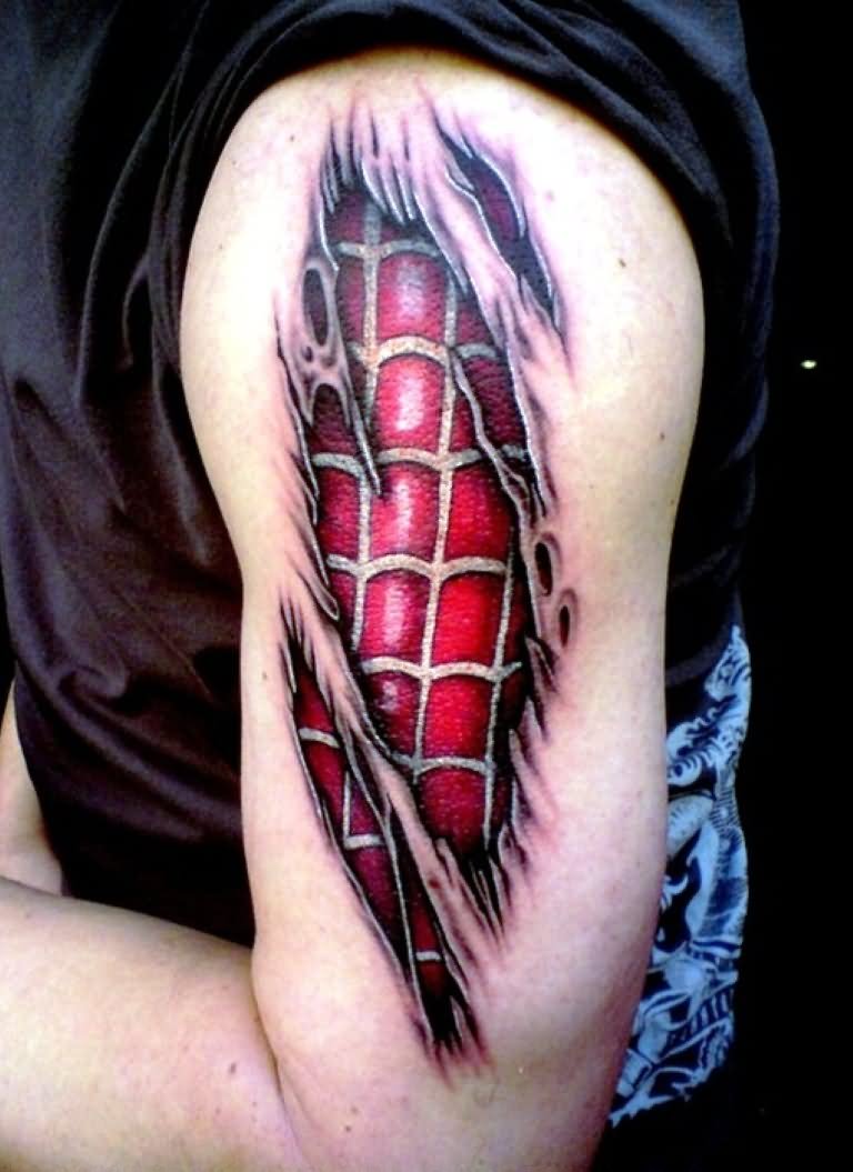 Left Bicep Ripped Skin Spiderman Tattoo