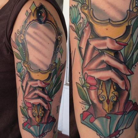 Left Half Sleeve Hand Mirror Tattoo