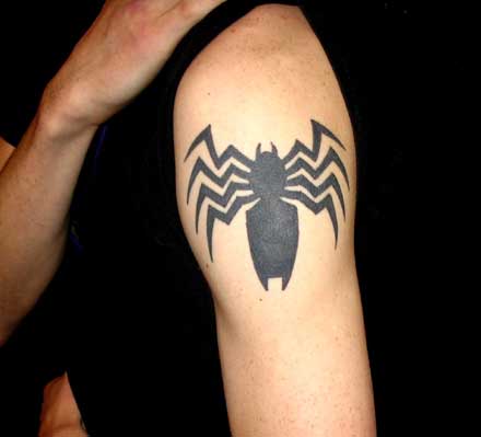 Left Shoulder Black Ink Spiderman Logo Tattoo