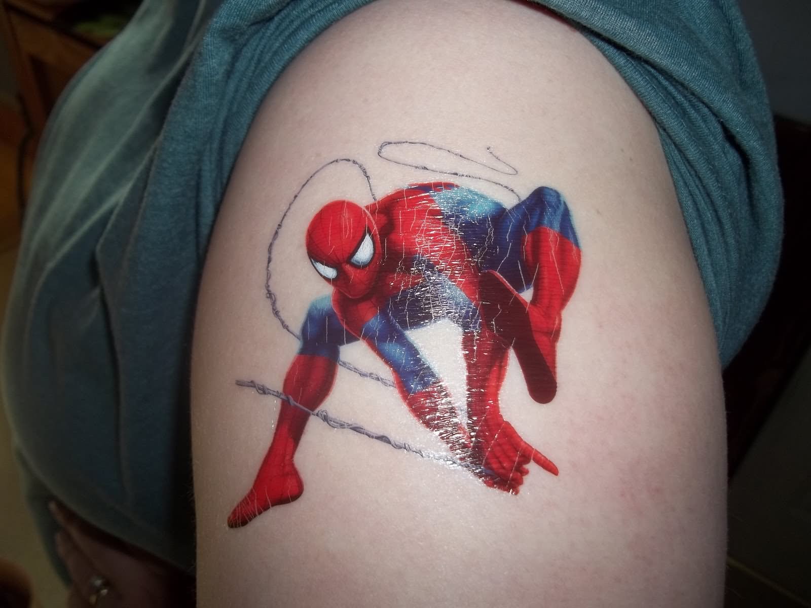 Left Shoulder Colored Spiderman Tattoo For Girls