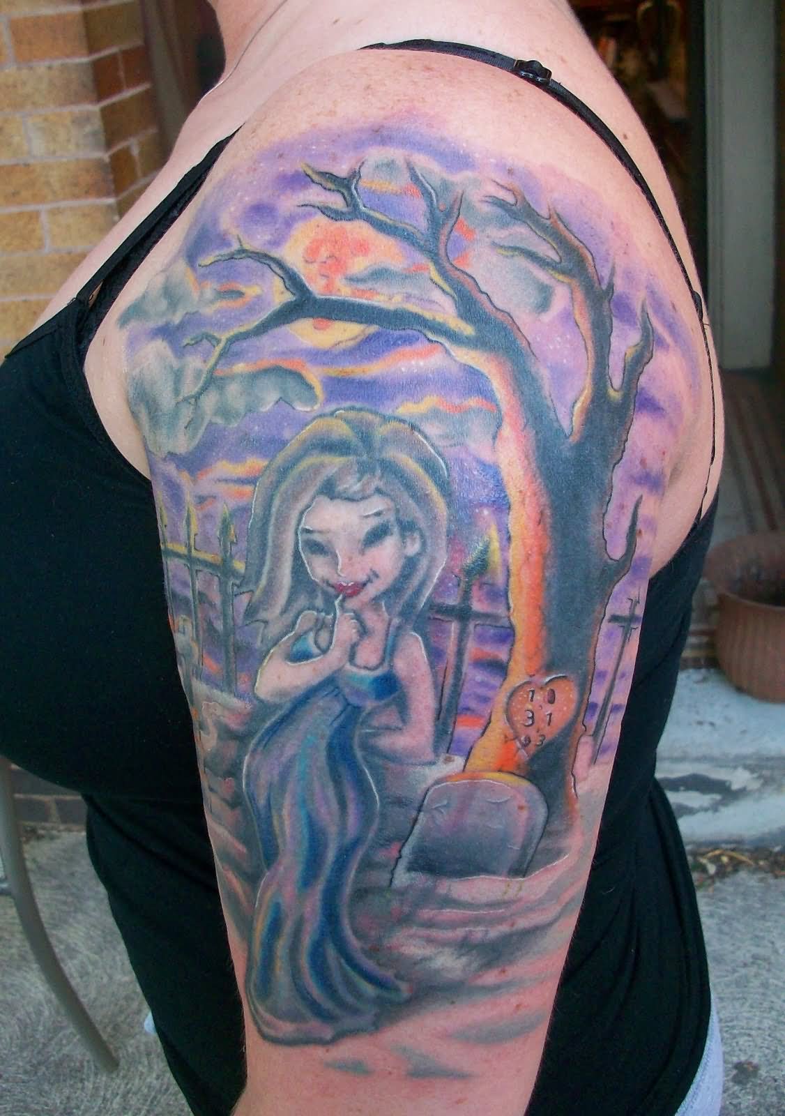 Left Shoulder Haunted Graveyard Tattoo For Girls
