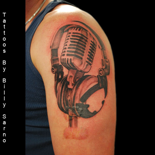 Left Shoulder Microphone And Headphone Tattoo by Mechanicalconcept
