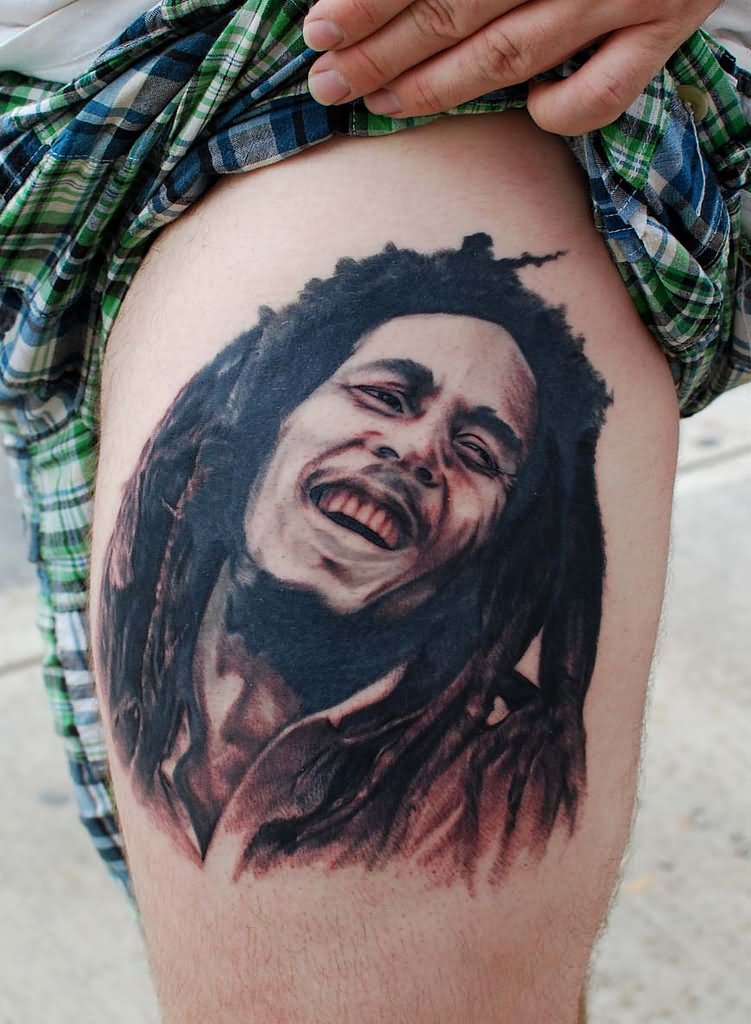 Left Side Thigh Bob Marley Tattoo