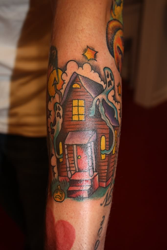 Left Sleeve Color Ink Haunted House Tattoo