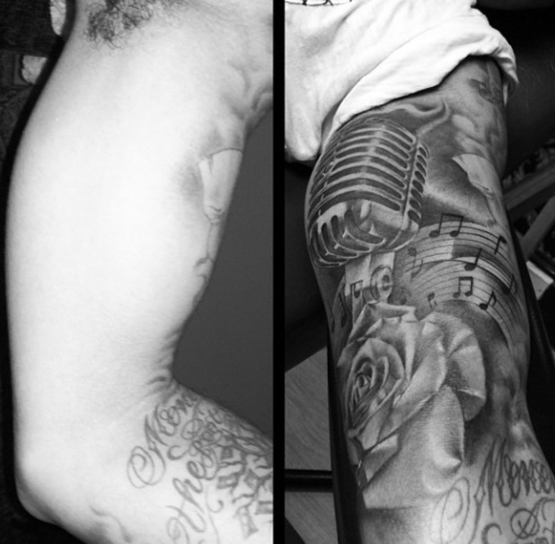 Left Sleeve Grey Ink Flower And Microphone Tattoo