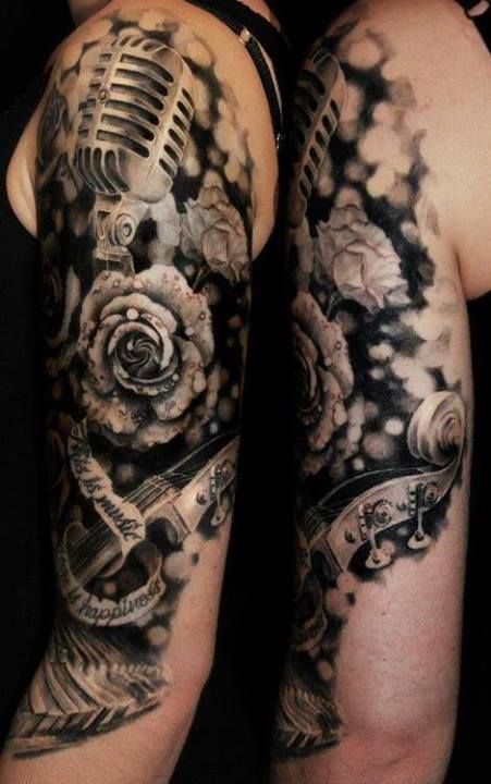 Left Sleeve Grey Rose And Microphone Tattoo