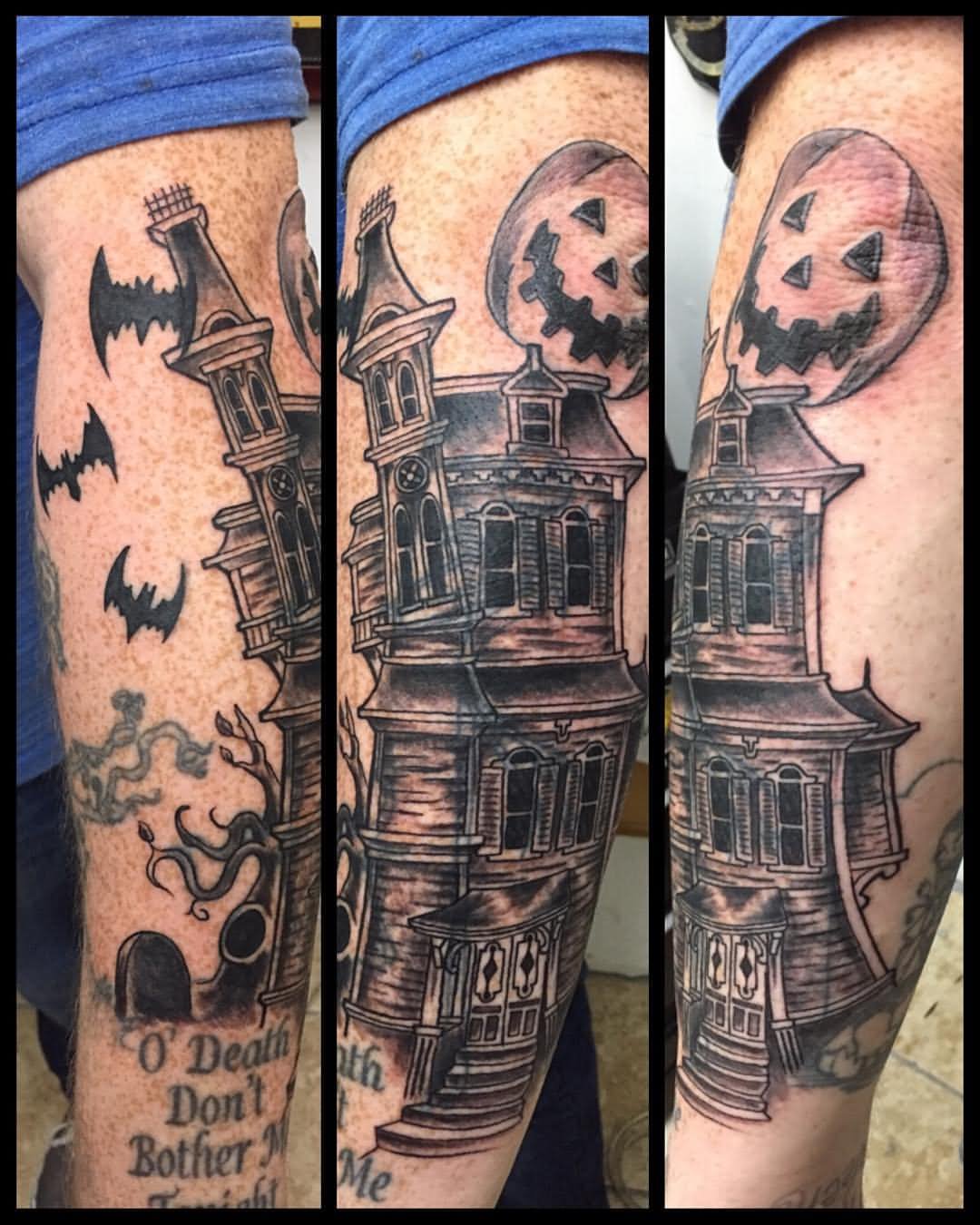 Left Sleeve Traditional Haunted House Tattoo