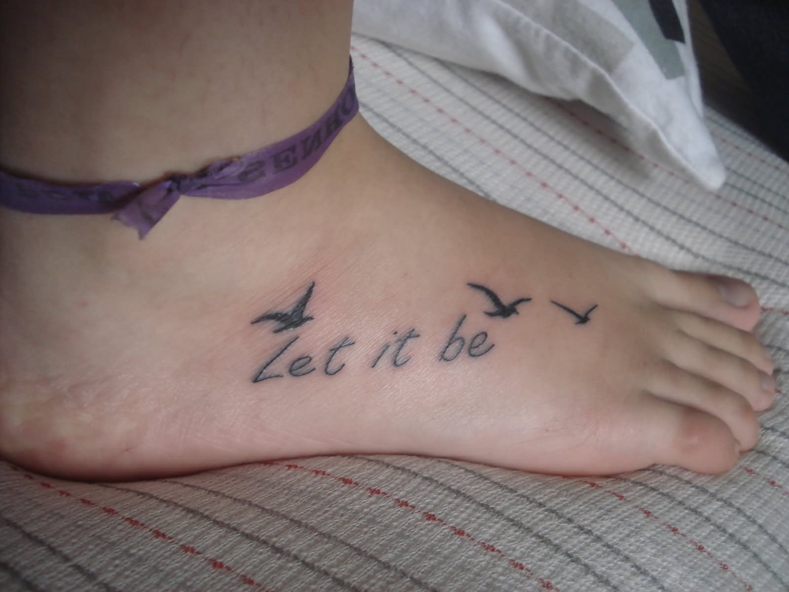 Let It Be - Black Flying Birds Tattoo On Right Foot