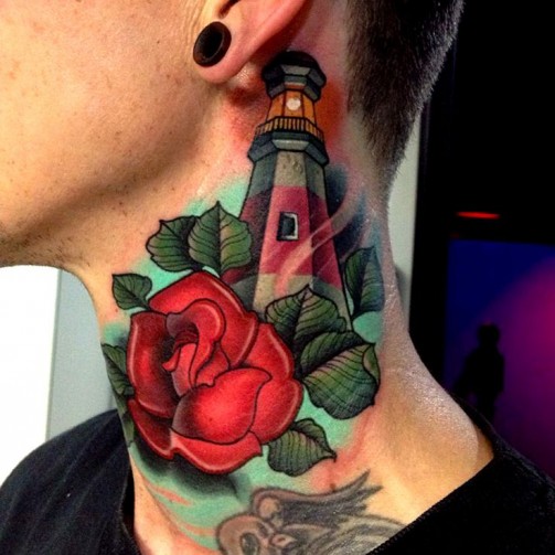 Lighthouse With Rose Tattoo On Side Neck