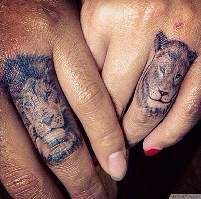 Lion And Lioness Ring Tattoo On Couple Finger