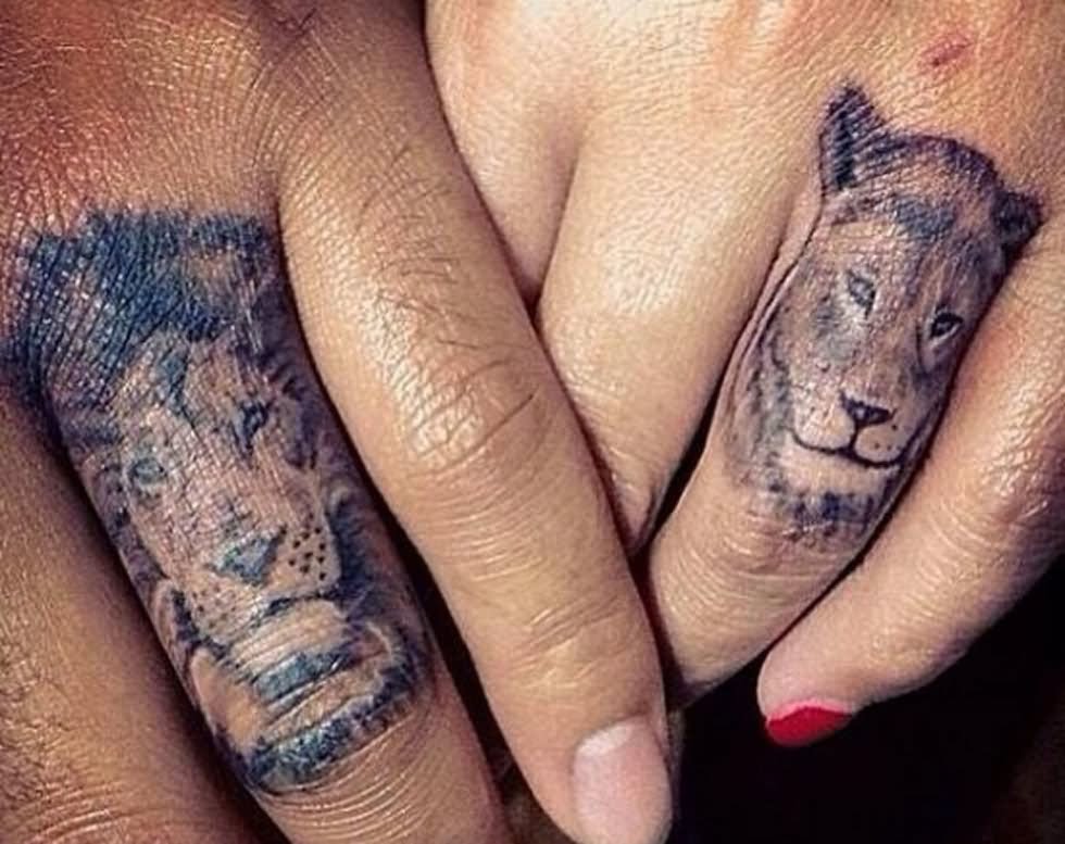 Lion And Lioness Tattoo On Couple Finger