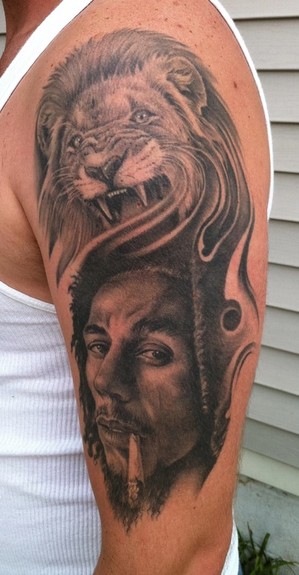 Lion Head And Bob Marley Tattoo On Left Half Sleeve