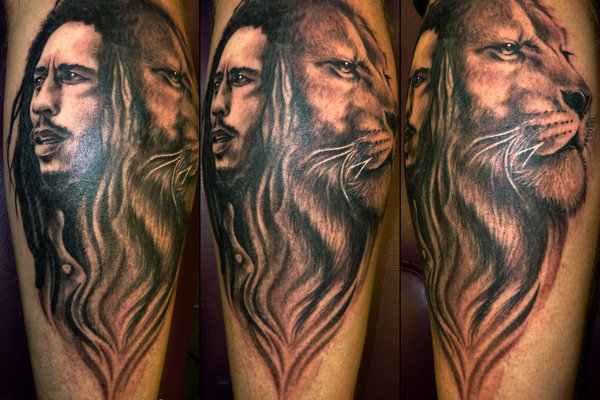 Lion Head And Bob Marley Tattoo by Onksy