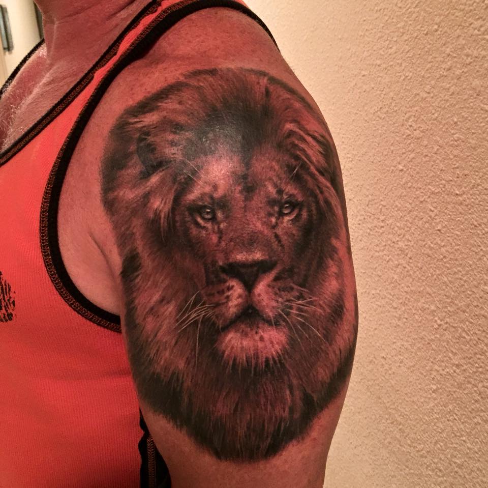 Lion Head Tattoo On Left Shoulder by Francisco Sanchez