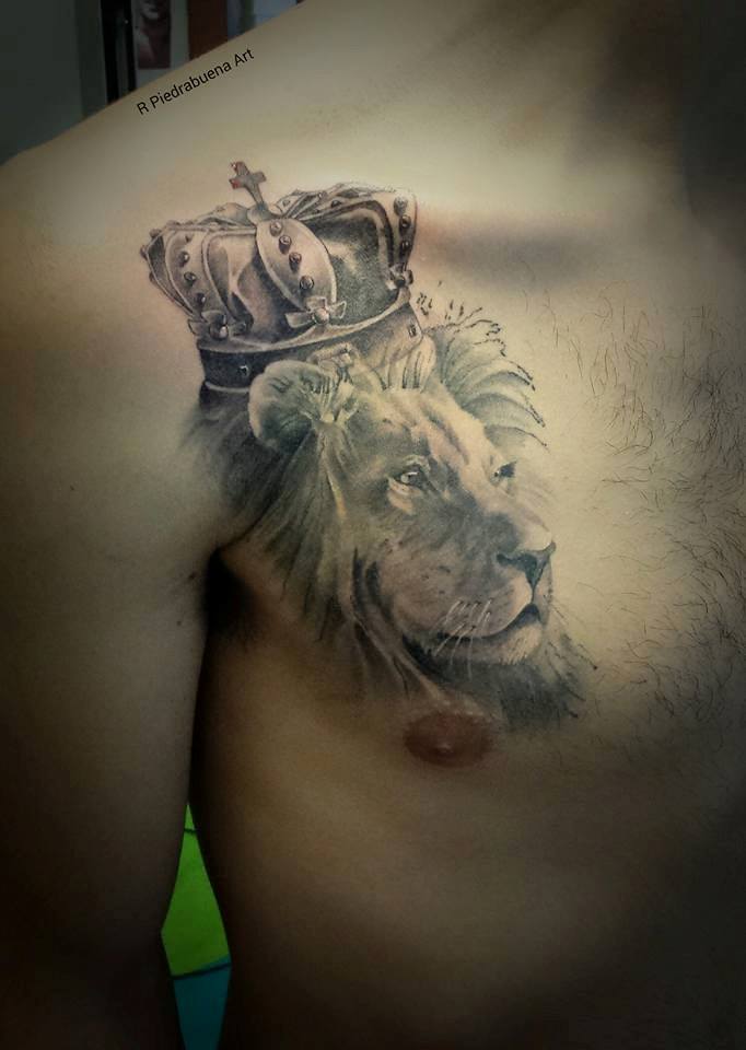 Lion Head With Crown Tattoo On Chest For Men