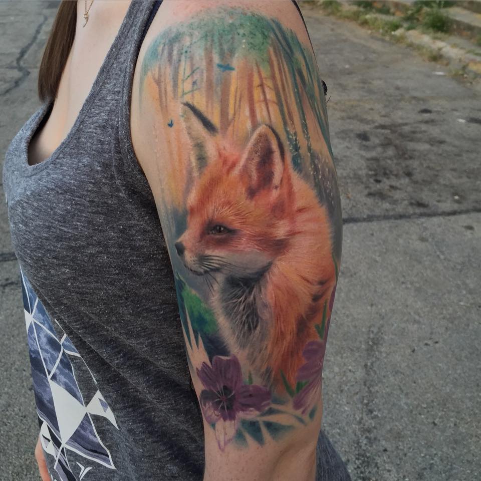 Little Fox Tattoo On Left Half Sleeve