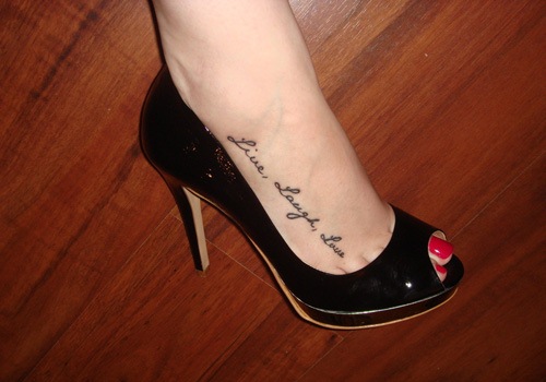 Live, Laugh, Love Lettering Tattoo On Girl Right Foot