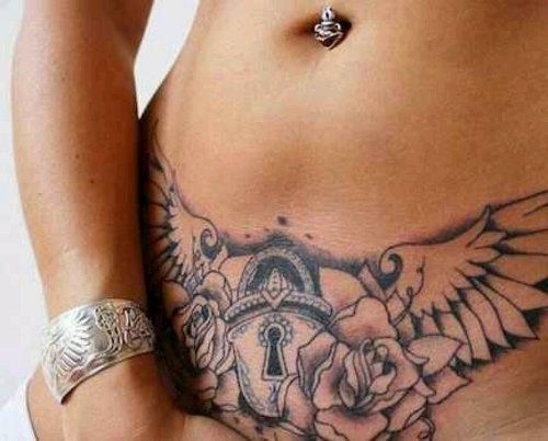 Lock With Wings And Roses Tattoo Design For Girl Stomach