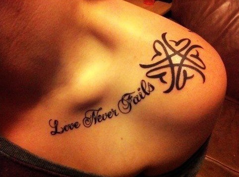 Love Never Fails Tattoo On Girl Collar Bone