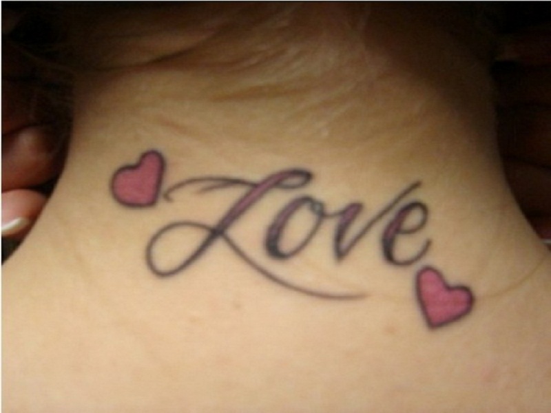 Love Word With Hearts Tattoo On Back Neck