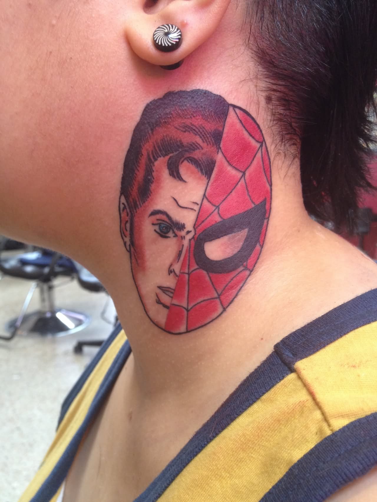 Man With Spiderman Tattoo On Side Neck