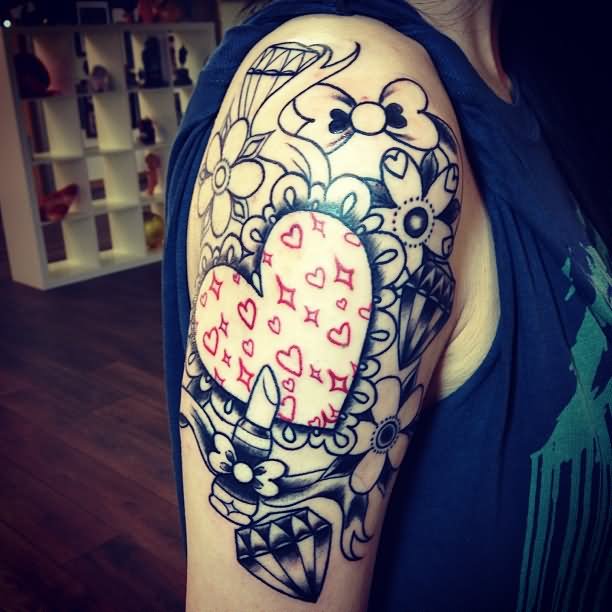 Mandala Flowers And Heart Shape Girly Mirror Tattoo On Half Sleeve