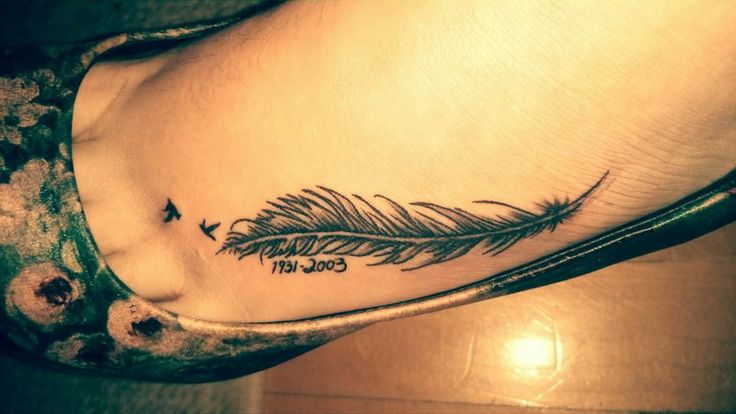 Memorial Feather Tattoo On Left Foot