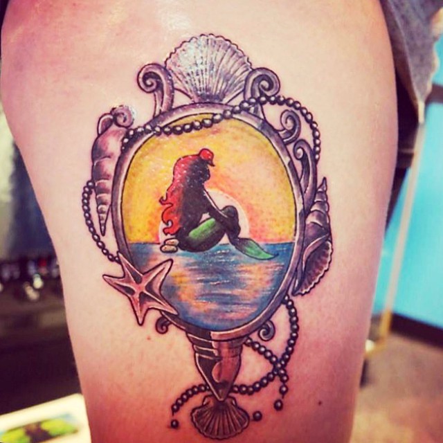 Mermaid In Hand Mirror Tattoo On Side Thigh