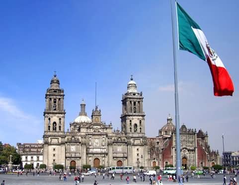 Mexican Flag In Front Of The Metropolitan Cathedral