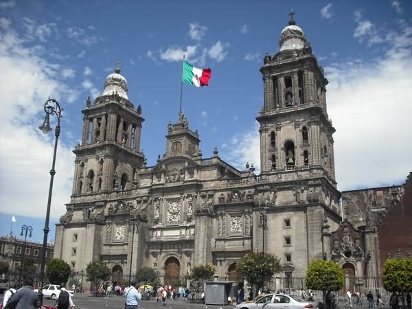Mexican Flag On The Top Of The Metropolitan Cathedral