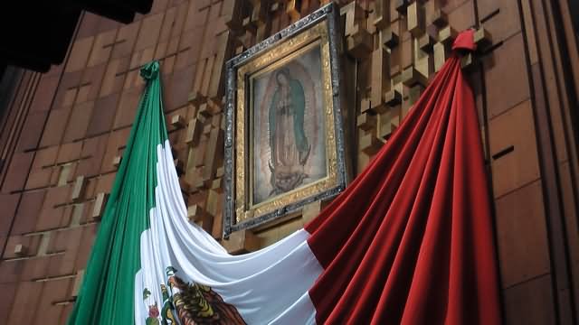 Mexico Flag With Our Lady Picture Inside The Basilica of Our Lady of Guadalupe